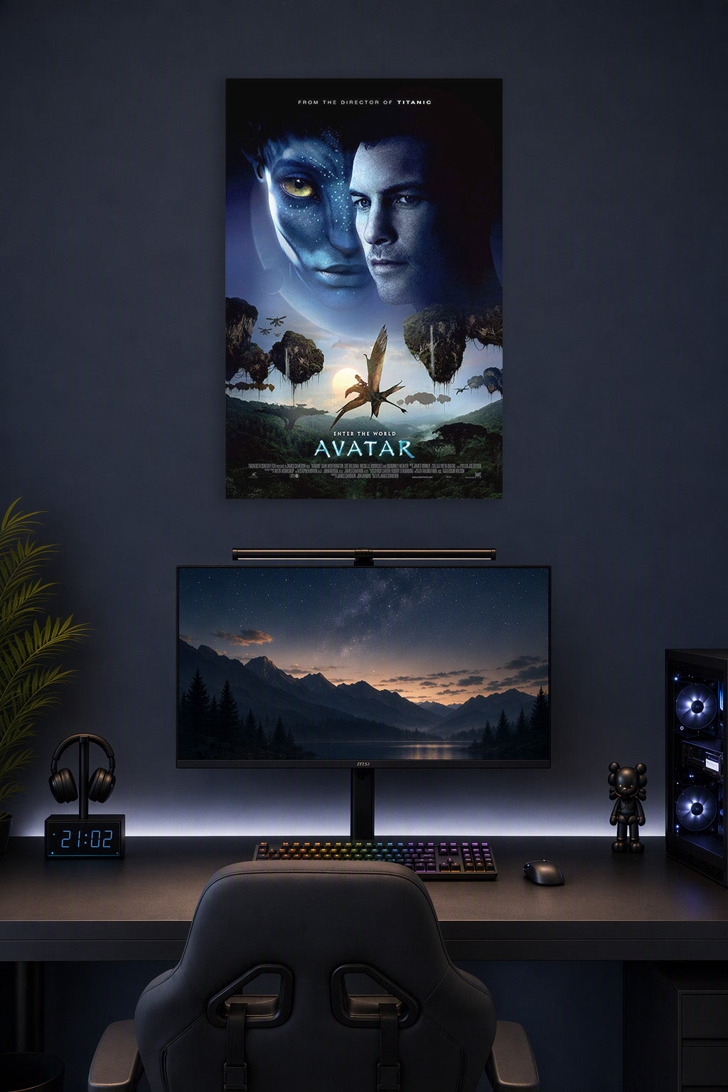 Avatar Movie in a gaming desk setup above a monitor.
