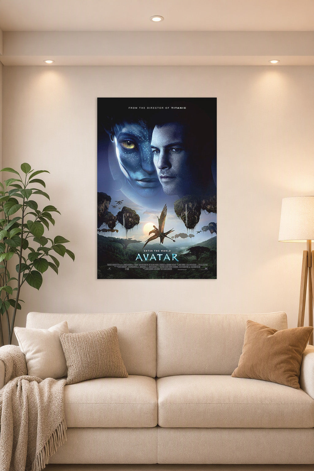 Avatar Movie in a bright living room above a beige sofa.