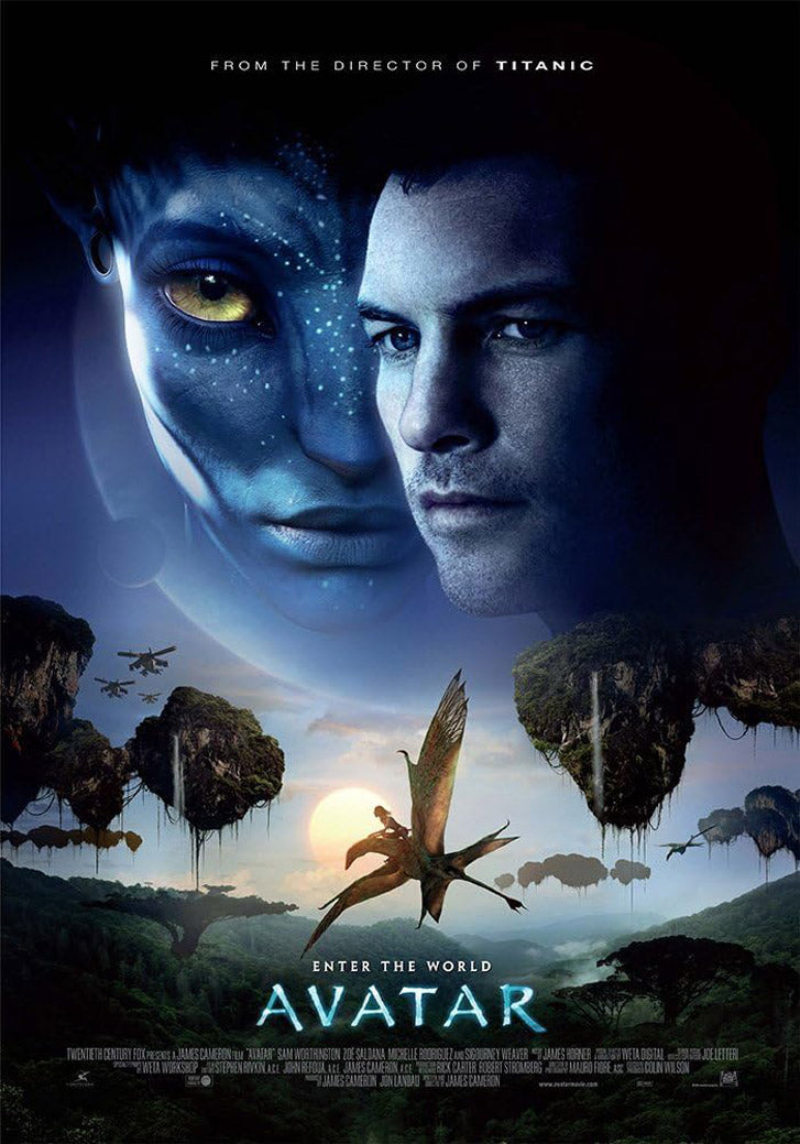Avatar movie poster wall art print with a blue Na'vi face, human man, flying creature, floating mountains, and sunrise.