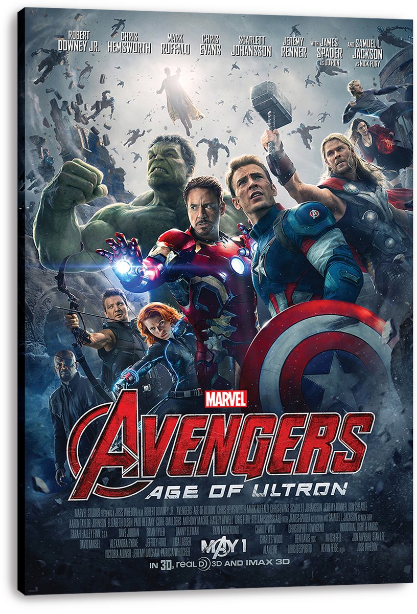 Avengers Age of Ultron canvas wall art print with Iron Man, Captain America, Thor and Hulk beneath flying robots and the red Avengers logo.