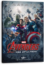 Avengers Age of Ultron canvas wall art print with Iron Man, Captain America, Thor and Hulk beneath flying robots and the red Avengers logo.