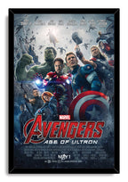 Avengers Age of Ultron framed wall art print depicting the superhero team, Captain America’s shield, Thor’s hammer and dramatic blue-gray sky.