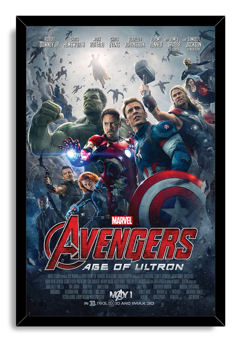 Avengers Age of Ultron framed wall art print depicting the superhero team, Captain America’s shield, Thor’s hammer and dramatic blue-gray sky.