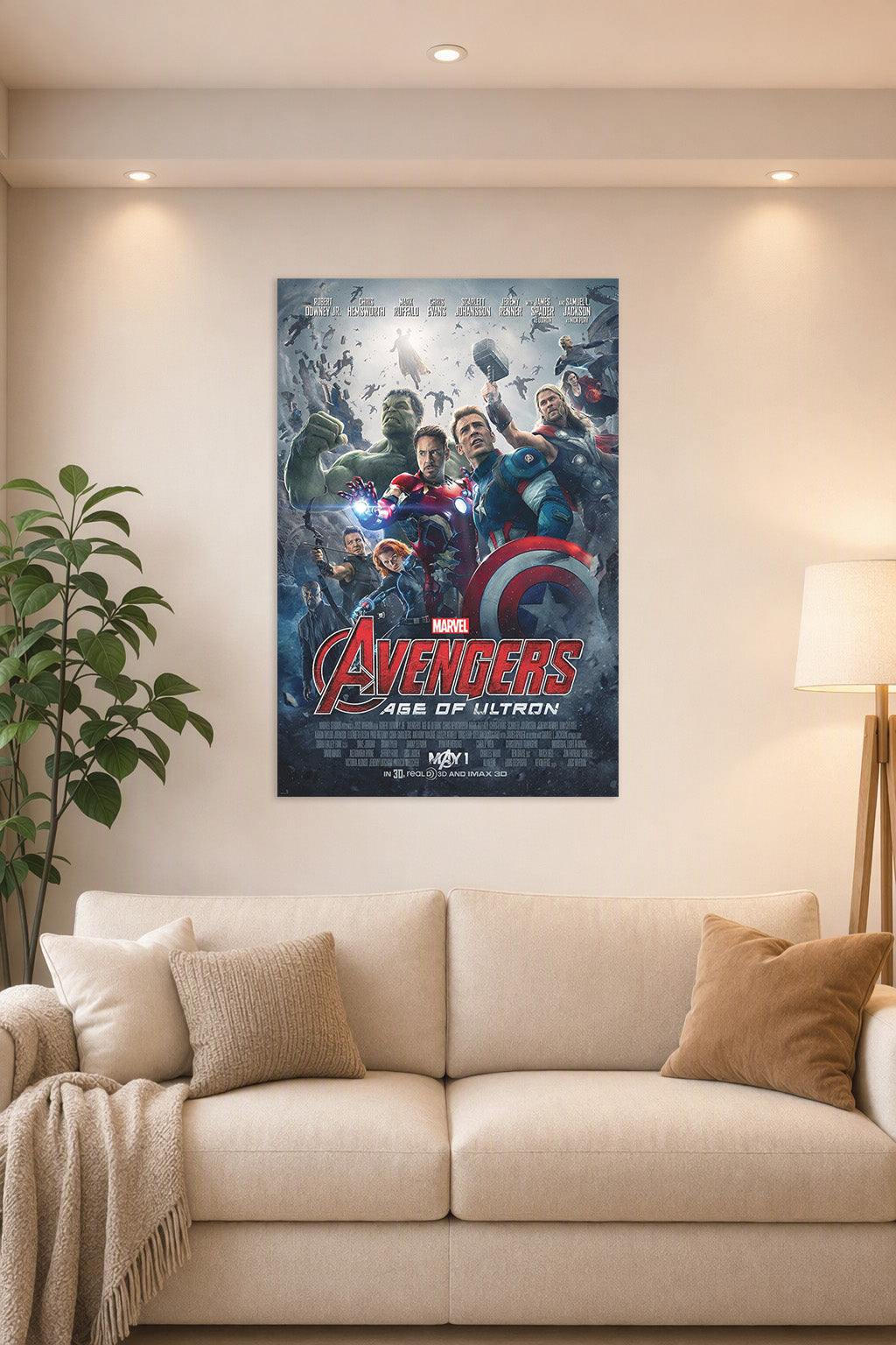Avengers Age of Ultron Team in a bright living room above a beige sofa.