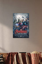 Avengers Age of Ultron Team in a cozy movie room above a brown sofa with popcorn.