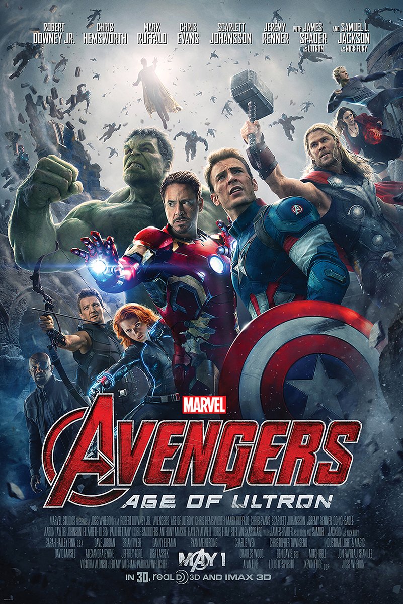 Avengers Age of Ultron poster featuring Iron Man, Captain America, Thor, Hulk, Black Widow and Hawkeye in a stormy battle scene.
