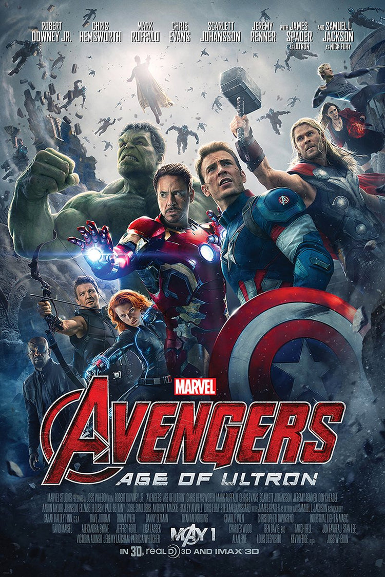 Avengers Age of Ultron poster featuring Iron Man, Captain America, Thor, Hulk, Black Widow and Hawkeye in a stormy battle scene.