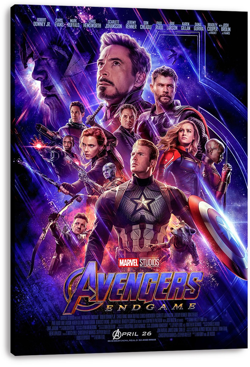 Avengers: Endgame canvas wall art print displays Captain America centered with Iron Man, Thor, and heroes amid cosmic purple light.