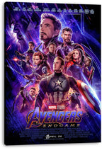 Avengers: Endgame canvas wall art print displays Captain America centered with Iron Man, Thor, and heroes amid cosmic purple light.