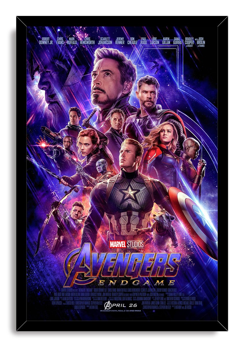 Avengers: Endgame framed wall art print presents Captain America and the Avengers in a vivid purple-blue space collage.