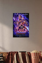 Avengers: Endgame in a cozy movie room above a brown sofa with popcorn.