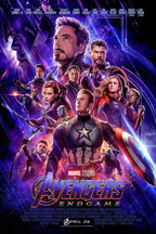 Avengers: Endgame poster features Captain America, Iron Man, Thor, Black Widow, and allies against a purple cosmic backdrop.