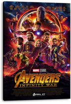 Avengers: Infinity War canvas wall art print displays Thanos and the superhero ensemble in a glowing orange and blue cosmic collage.
