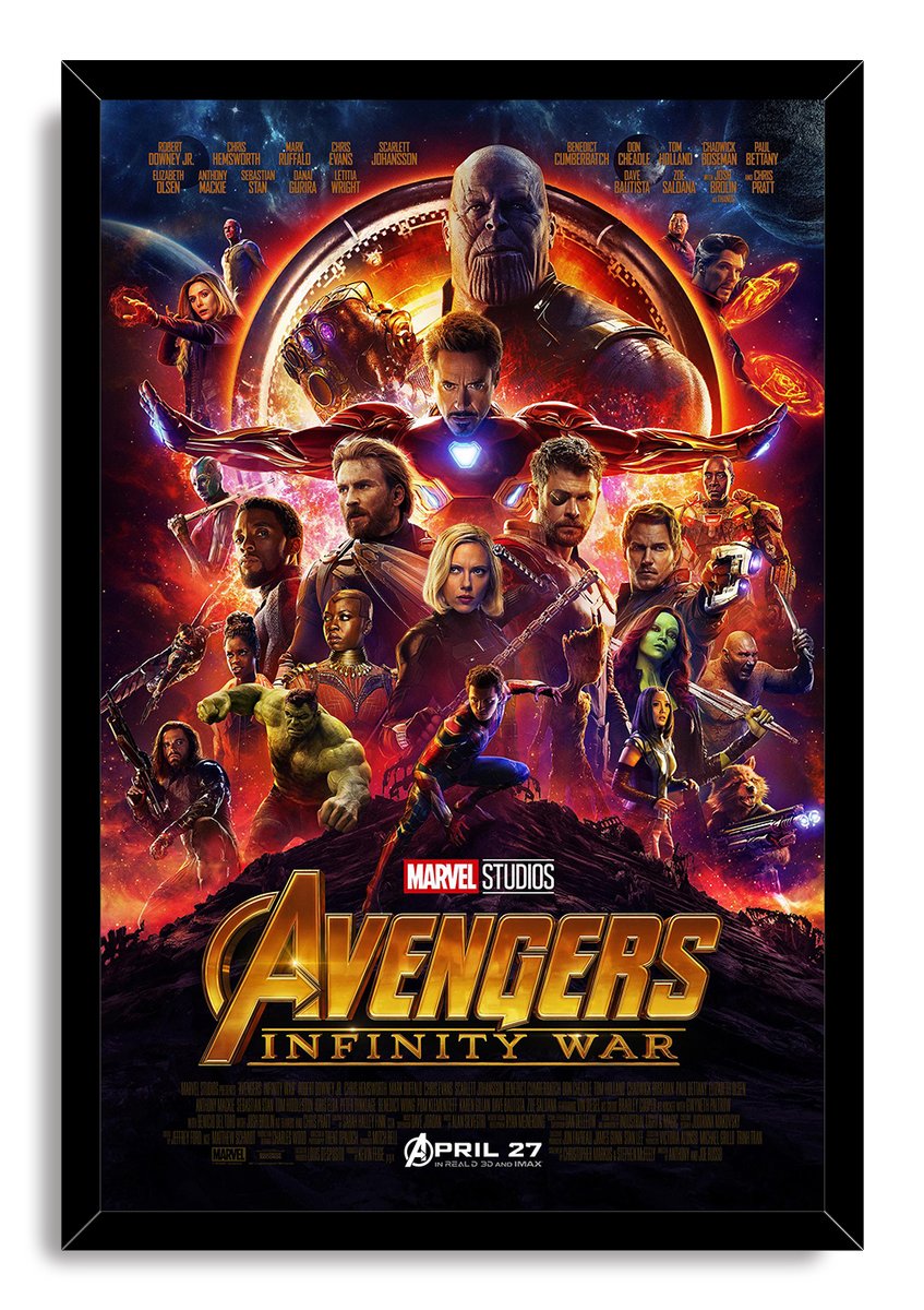 Avengers: Infinity War framed wall art print presents Thanos, Iron Man, Thor, and assembled heroes over the gold film title.