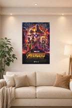 Avengers: Infinity War in a bright living room above a beige sofa.
