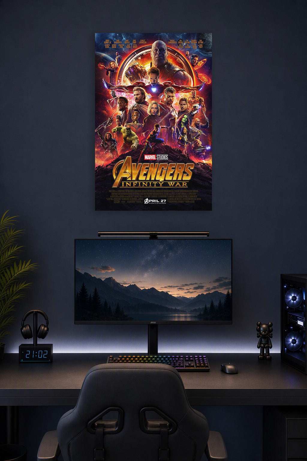 Avengers: Infinity War in a gaming desk setup above a monitor.