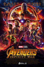 Avengers: Infinity War poster features Thanos above Iron Man, Captain America, Thor, Spider-Man, and heroes amid fiery space.