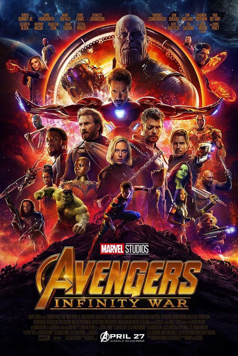 Avengers: Infinity War poster features Thanos above Iron Man, Captain America, Thor, Spider-Man, and heroes amid fiery space.
