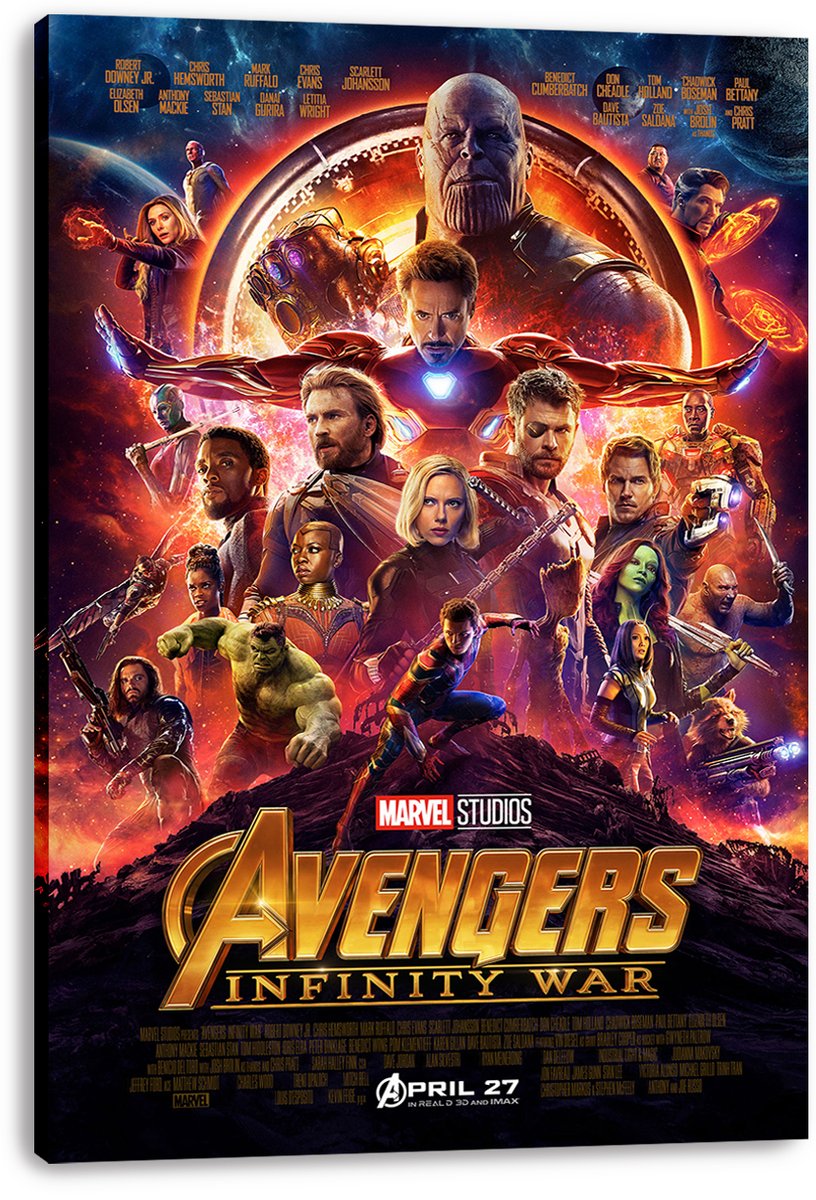Avengers Infinity War canvas wall art print with wrapped edges, featuring Thanos above Iron Man and a large superhero ensemble in orange and blue space.
