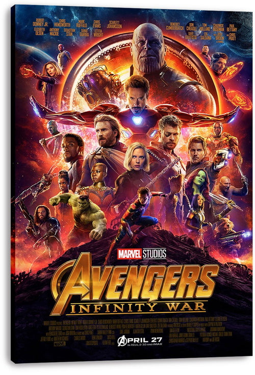 Avengers Infinity War canvas wall art print with wrapped edges, featuring Thanos above Iron Man and a large superhero ensemble in orange and blue space.