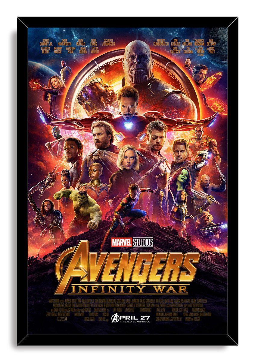 Avengers Infinity War framed wall art print featuring Thanos, Iron Man, Spider-Man, and Marvel heroes amid glowing orange cosmic effects.