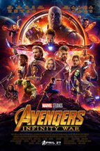 Avengers Infinity War movie poster wall art featuring Thanos, Iron Man, Captain America, Thor, Hulk, and heroes against a fiery cosmic sky.