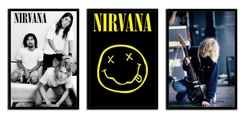Nirvana (Logo - Smiley, Kurt, Krist & Dave In Bathroom, Kurt Live On Stage) 3 Piece Music (Paper and Canvas) Art Poster Printing Print