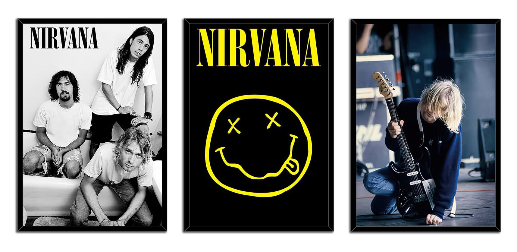Nirvana (Logo - Smiley, Kurt, Krist & Dave In Bathroom, Kurt Live On Stage) 3 Piece Music (Paper and Canvas) Art Poster Printing Print
