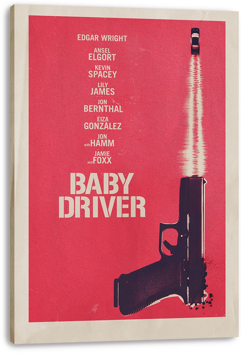 Baby Driver canvas wall art print with cream edges, stacked cast names, a black gun, and car-shaped soundwave design.