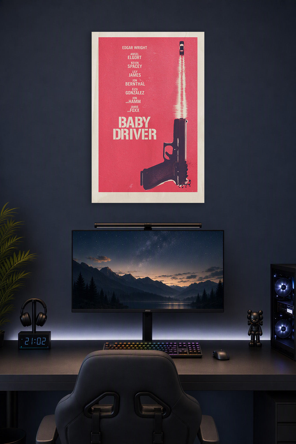 Baby Driver Movie in a gaming desk setup above a monitor.
