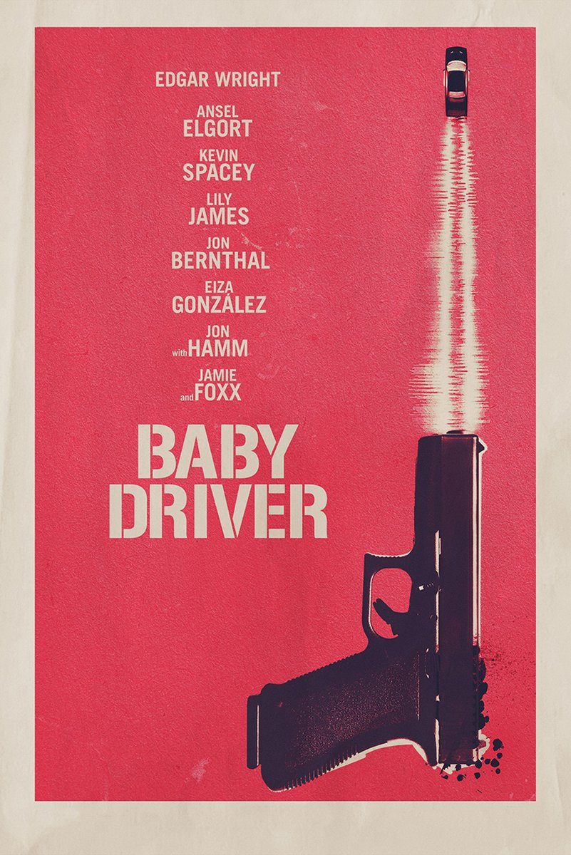 Baby Driver poster featuring a black handgun, a small car, and a white soundwave trail on a textured red field.