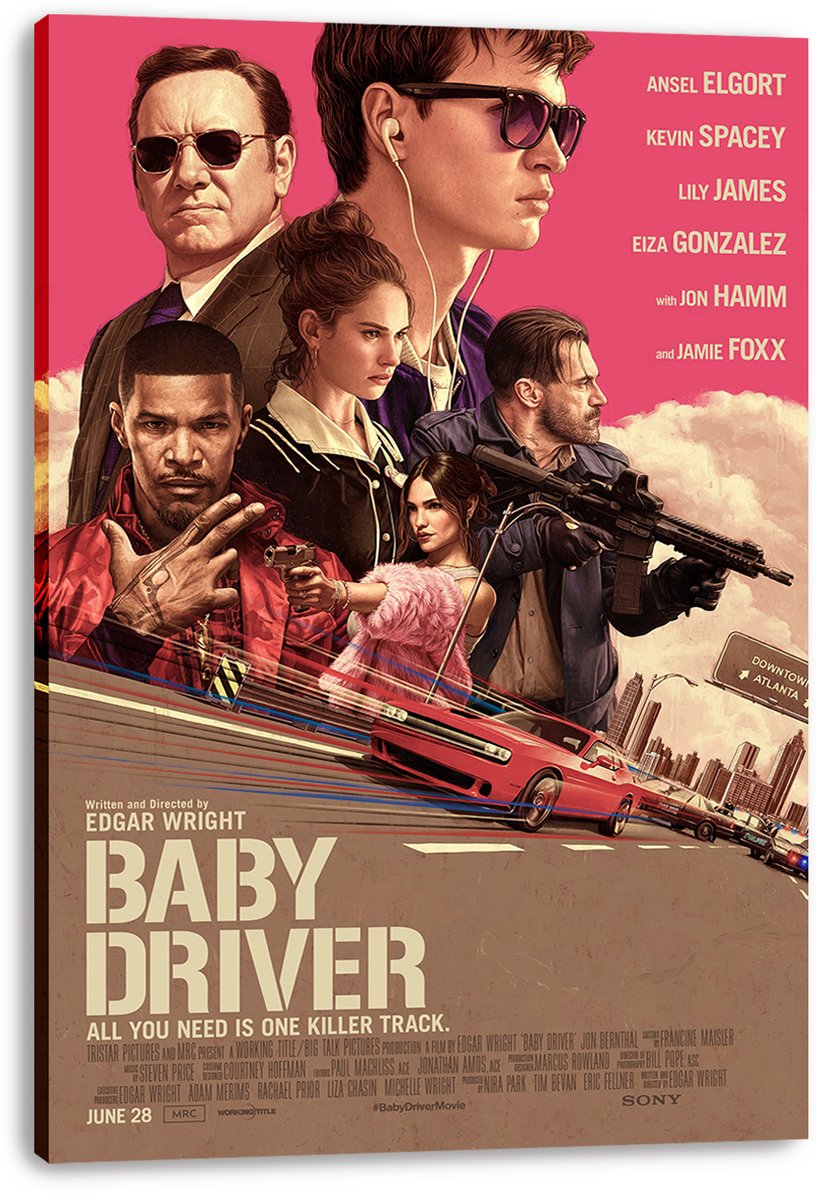 Baby Driver canvas wall art print featuring the cast collage, red getaway car, city skyline, and bold pink backdrop.
