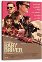 Baby Driver canvas wall art print featuring the cast collage, red getaway car, city skyline, and bold pink backdrop.