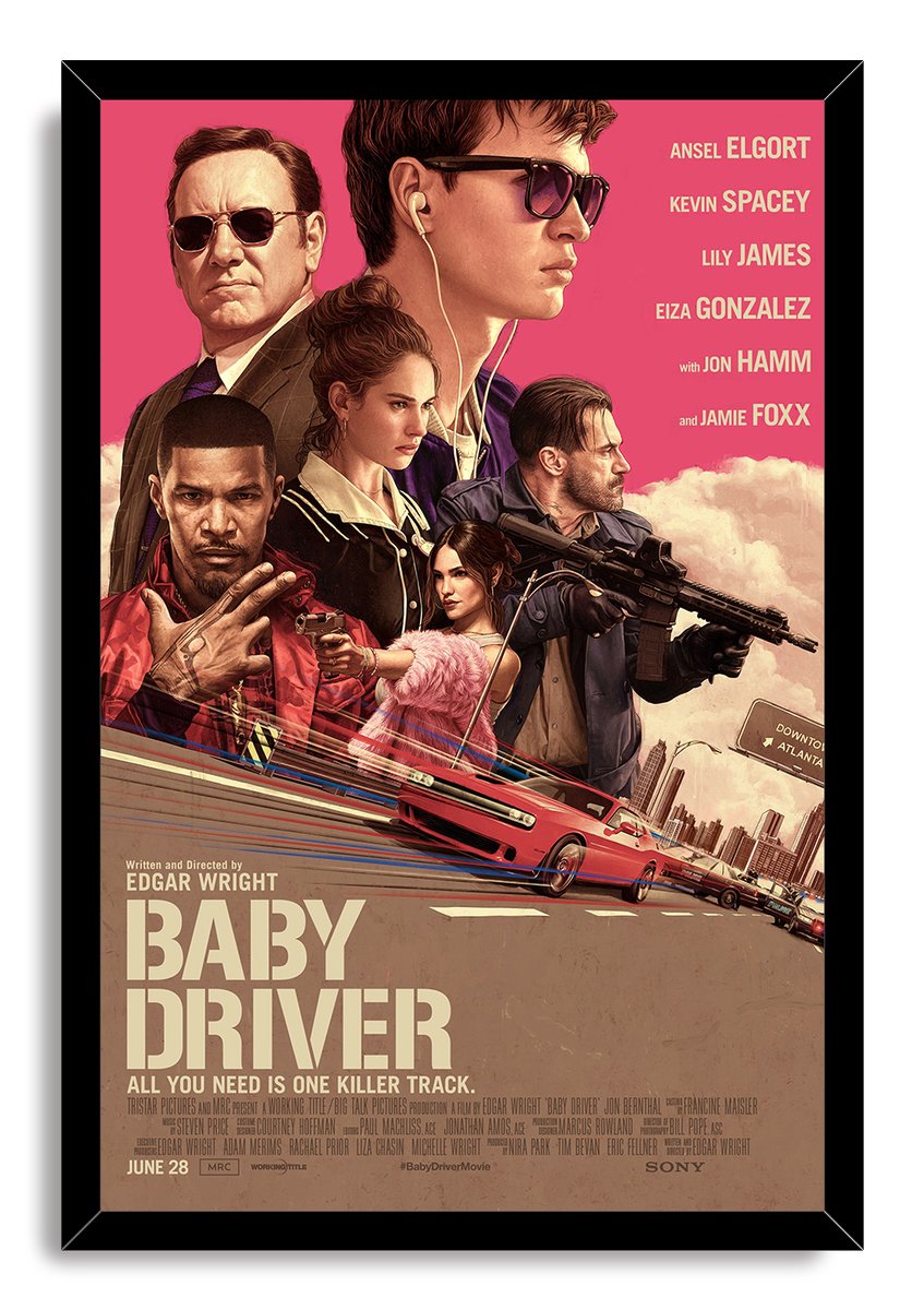 Baby Driver framed wall art print with illustrated characters, guns, speeding red car, and large cream title text.