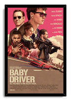 Baby Driver framed wall art print with illustrated characters, guns, speeding red car, and large cream title text.