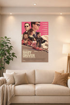 Baby Driver Movie Poster in a bright living room above a beige sofa.