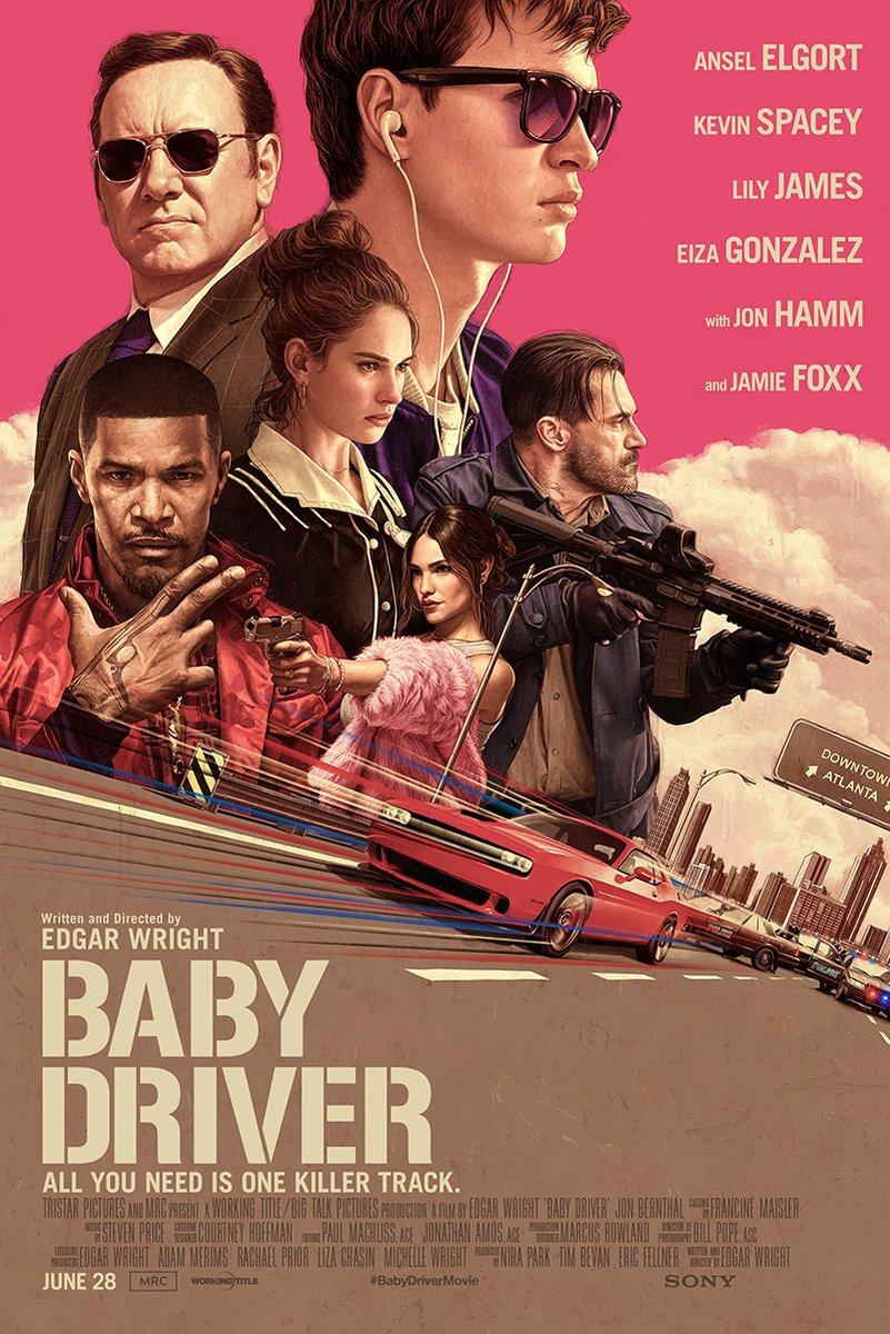 Baby Driver poster featuring a headphone-wearing man, armed characters, and a red car racing through Atlanta streets.
