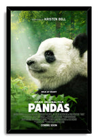 Baby panda framed wall art print with a black frame, close-up cub portrait, green foliage, and Pandas film text.