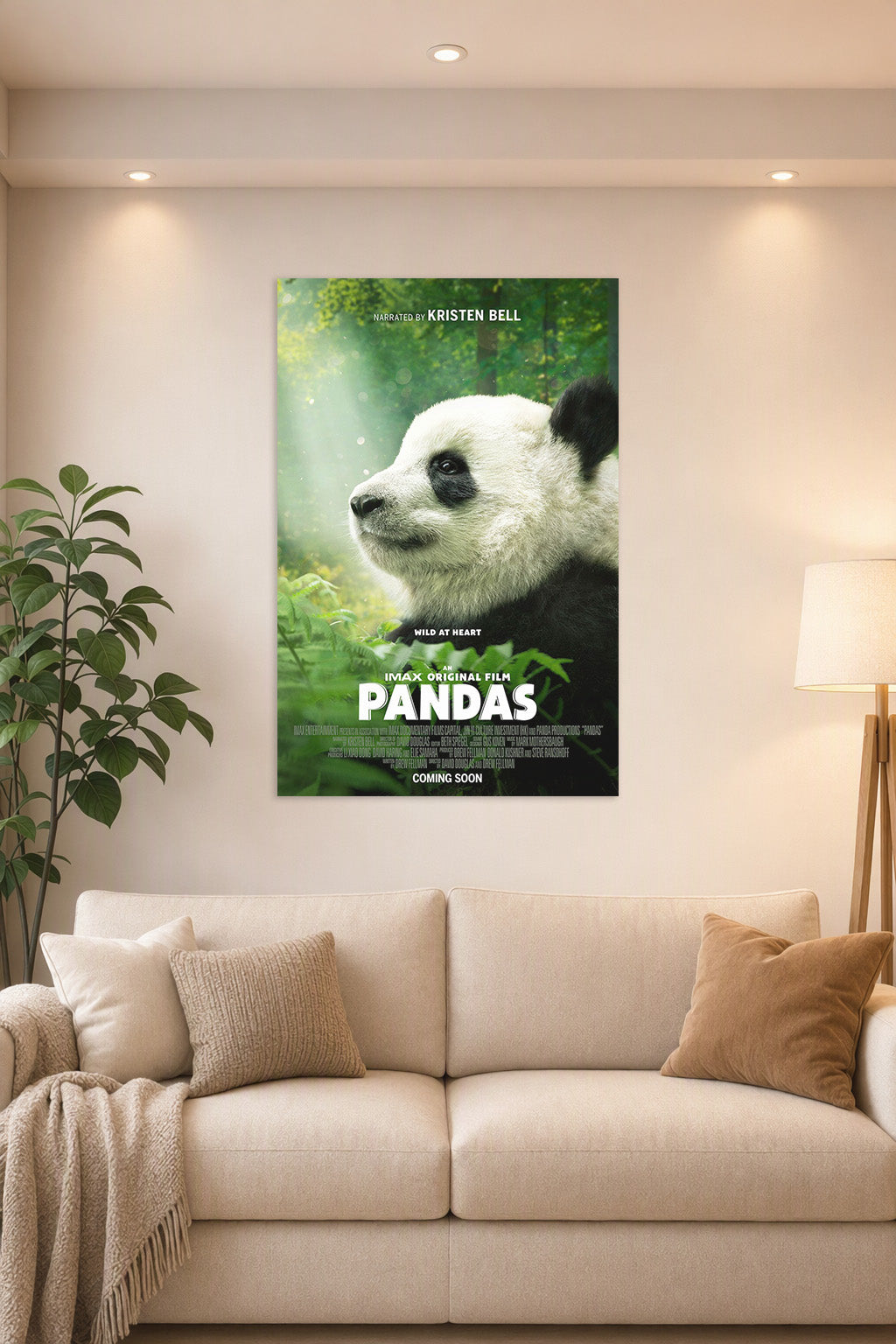 Baby Panda in a bright living room above a beige sofa.