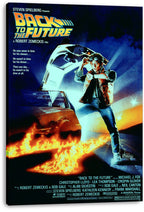 Back to the Future wall art print on a thick black-edged canvas, with Marty, the DeLorean, and fiery tracks.