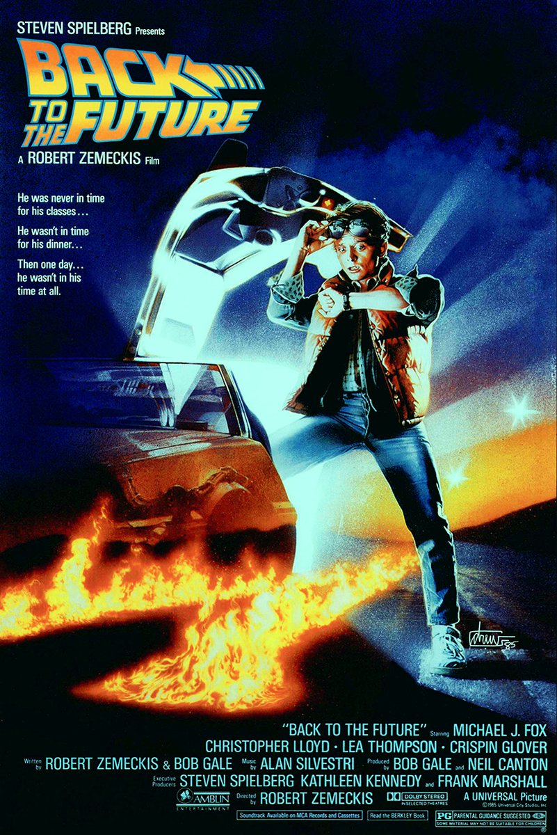 Back to the Future poster featuring Marty McFly checking his watch beside a DeLorean and blazing tire tracks.