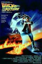Back to the Future poster featuring Marty McFly checking his watch beside a DeLorean and blazing tire tracks.