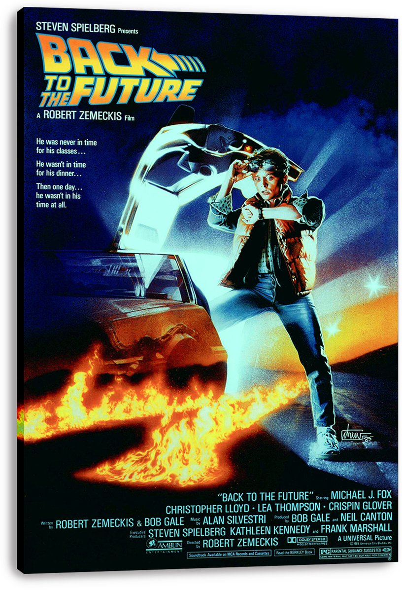 Back to the Future canvas wall art print displaying Marty McFly, the glowing DeLorean, and orange fire trails on a white background.