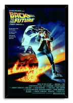 Back to the Future framed wall art print with Marty McFly and a DeLorean above bright flaming tire tracks.