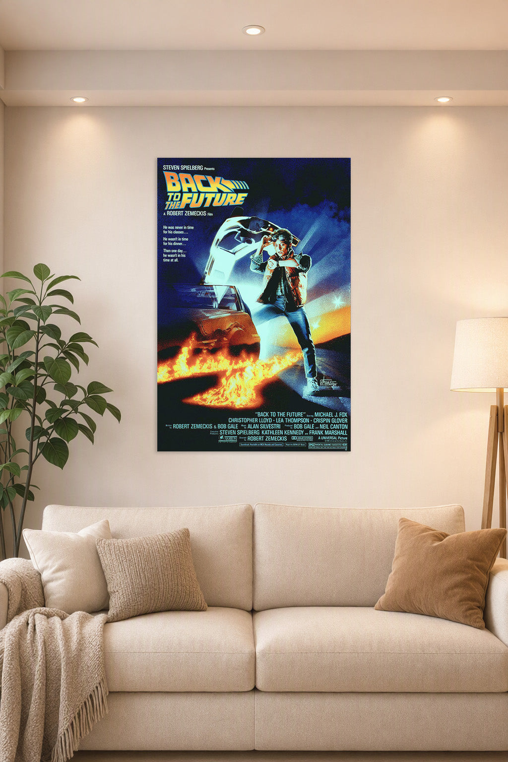 Back to the Future Movie Poster in a bright living room above a beige sofa.