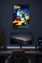 Back to the Future Movie Poster in a gaming desk setup above a monitor.