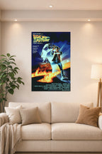 Back to the Future Movie Poster in a bright living room above a beige sofa.