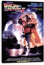 Back to the Future Part II canvas wall art print featuring Marty, Doc, a DeLorean, and electric lightning on a black-edged canvas.
