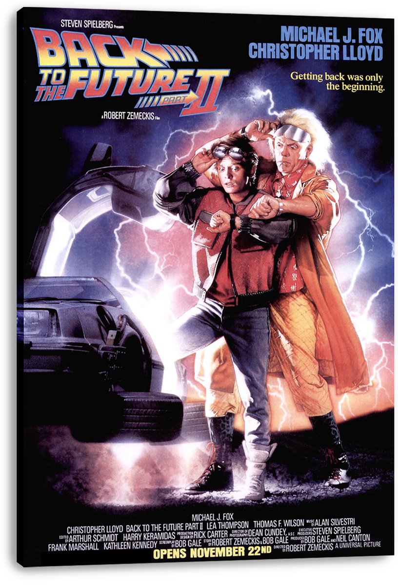 Back to the Future Part II canvas wall art print featuring Marty, Doc, a DeLorean, and electric lightning on a black-edged canvas.