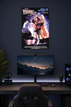 Back to the Future Part II Movie Poster in a gaming desk setup above a monitor.